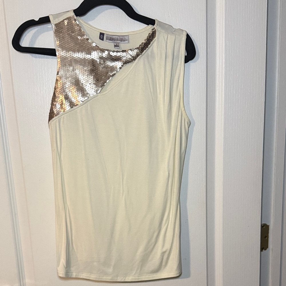 Jennifer Lopez Cream Tank Top with Silver Sequins